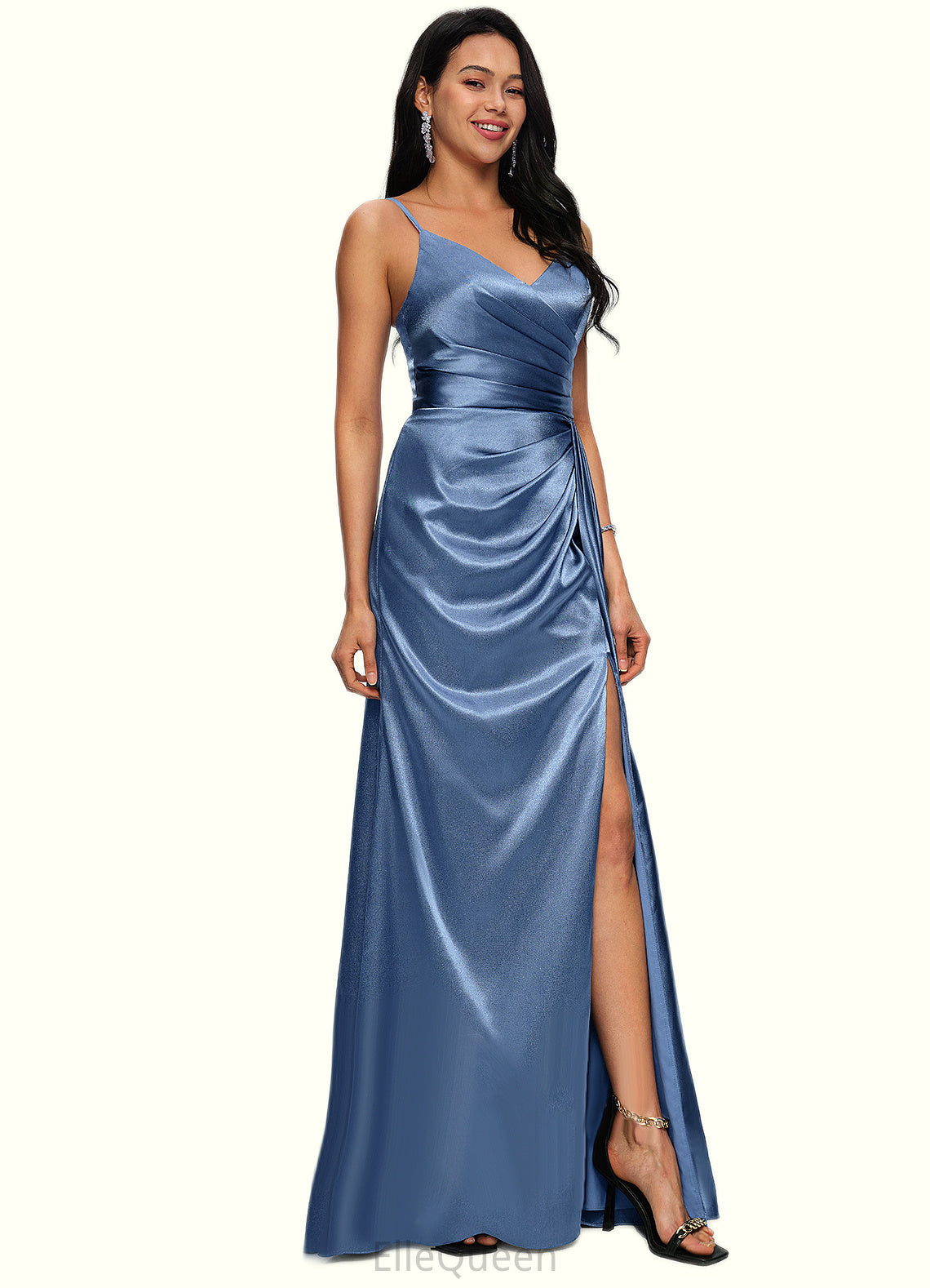Vanessa Sheath/Column V-Neck Floor-Length Stretch Satin Prom Dresses With Pleated DGP0022214