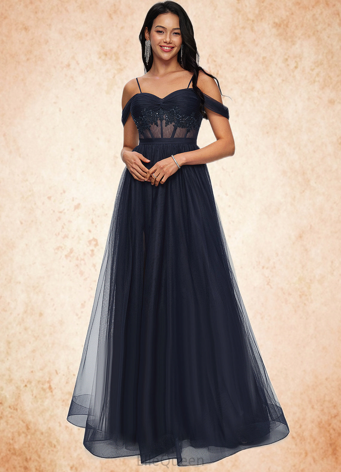 Mikayla Ball-Gown/Princess Off the Shoulder Floor-Length Tulle Prom Dresses With Appliques Lace Sequins DGP0022221