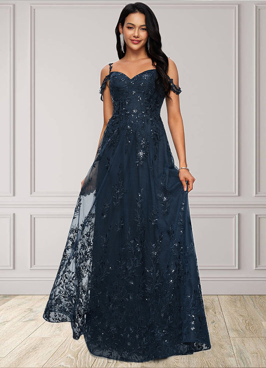 Clare A-line V-Neck Floor-Length Lace Prom Dresses With Sequins DGP0022222