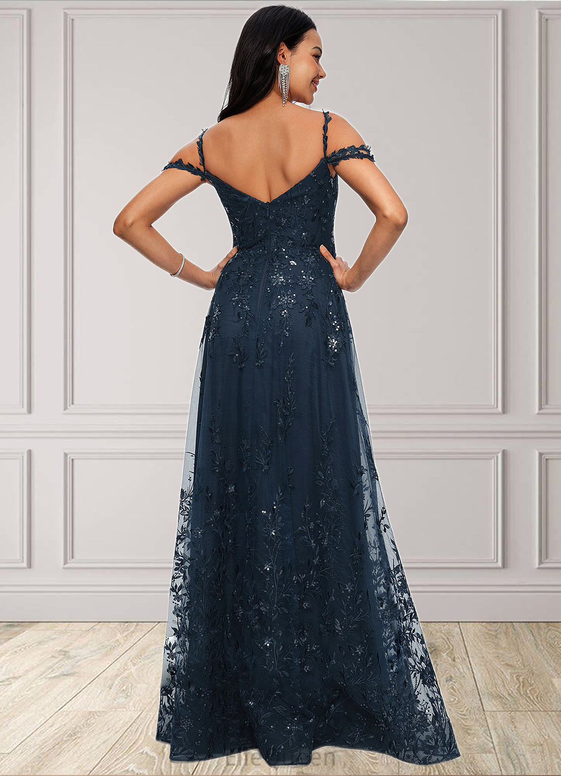 Clare A-line V-Neck Floor-Length Lace Prom Dresses With Sequins DGP0022222