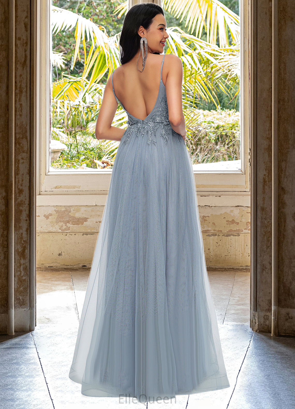 Kathy A-line V-Neck Floor-Length Tulle Prom Dresses With Appliques Lace Sequins DGP0022223