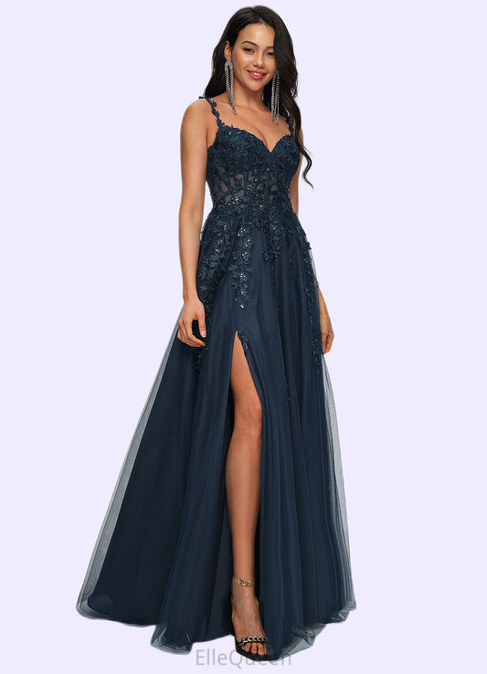 Krista A-line V-Neck Floor-Length Tulle Prom Dresses With Sequins DGP0022224