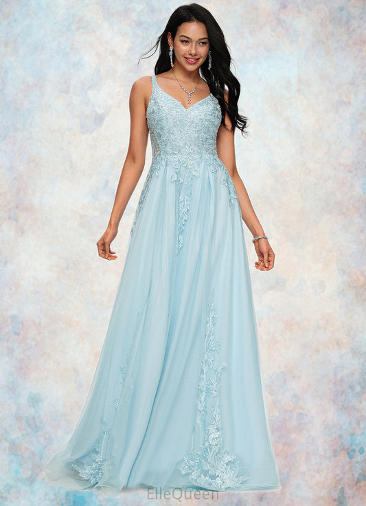Hilary A-line V-Neck Floor-Length Tulle Prom Dresses With Rhinestone Appliques Lace Sequins DGP0022225