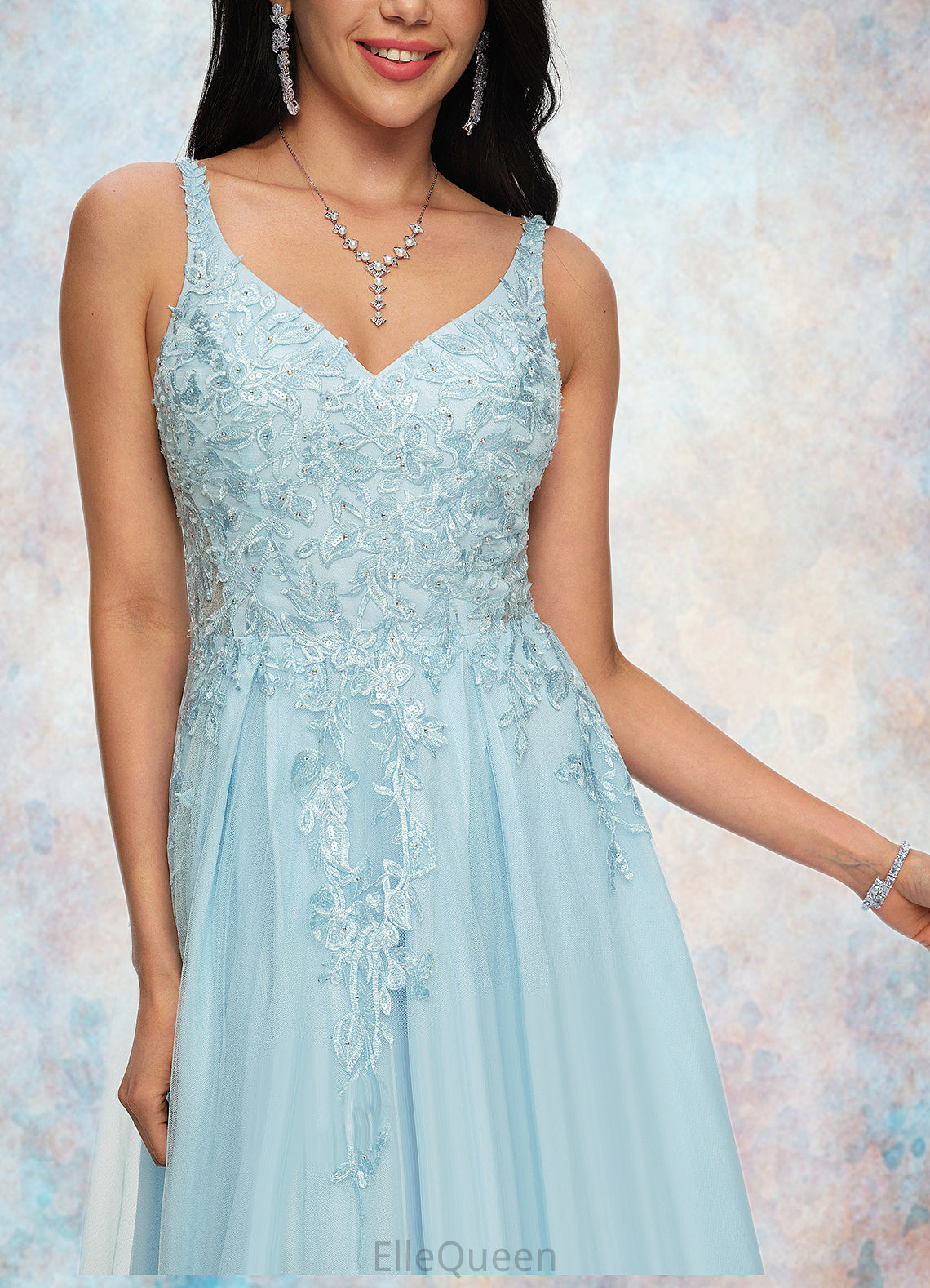 Hilary A-line V-Neck Floor-Length Tulle Prom Dresses With Rhinestone Appliques Lace Sequins DGP0022225