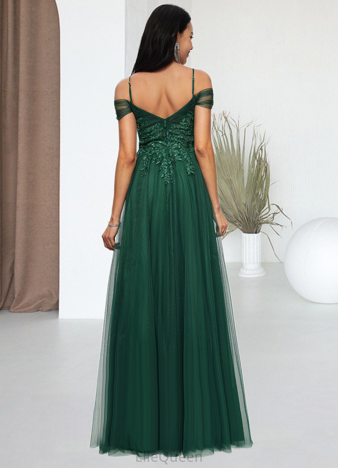 Mila A-line Off the Shoulder Floor-Length Tulle Prom Dresses With Appliques Lace Sequins DGP0022231
