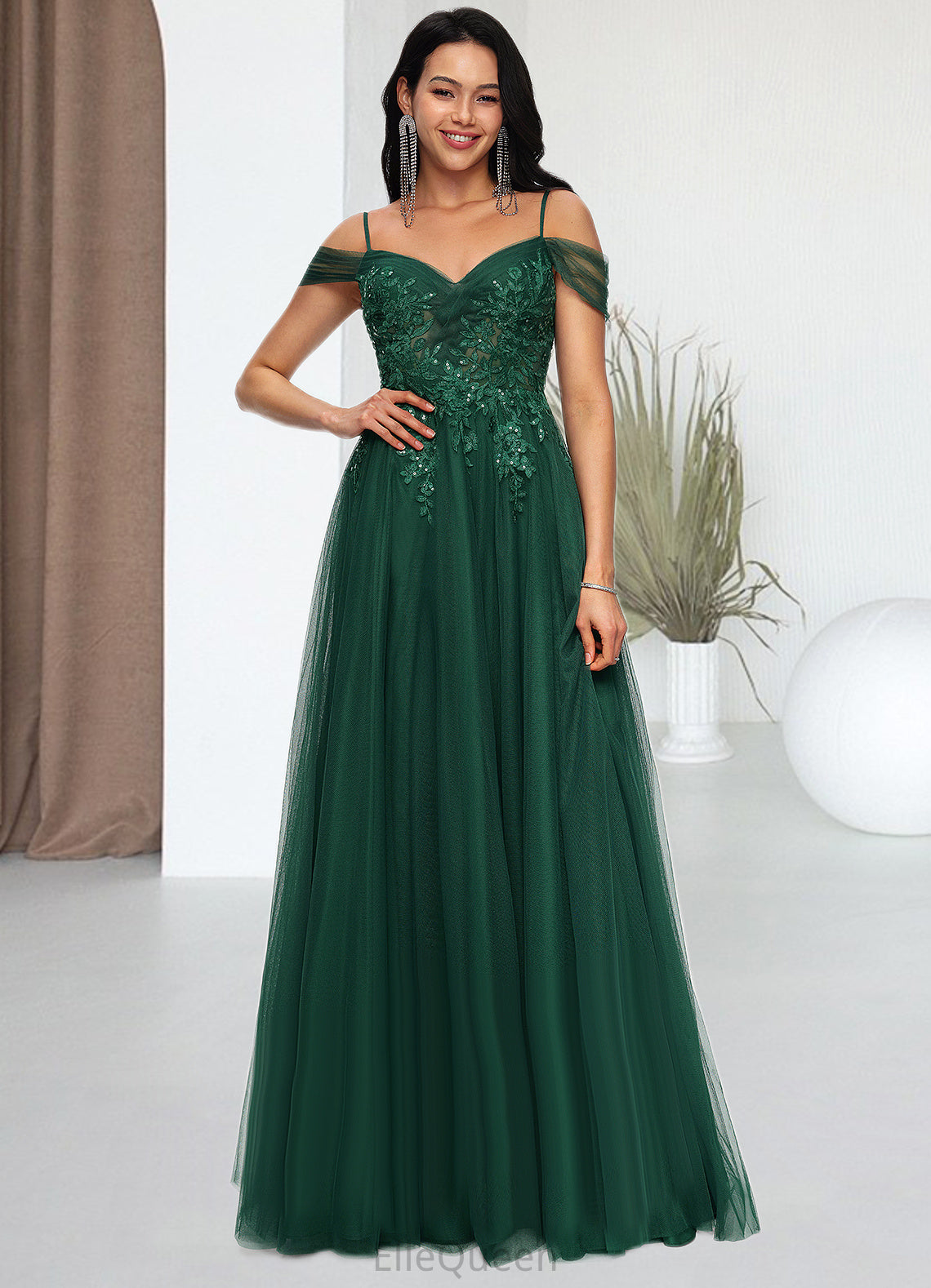 Mila A-line Off the Shoulder Floor-Length Tulle Prom Dresses With Appliques Lace Sequins DGP0022231