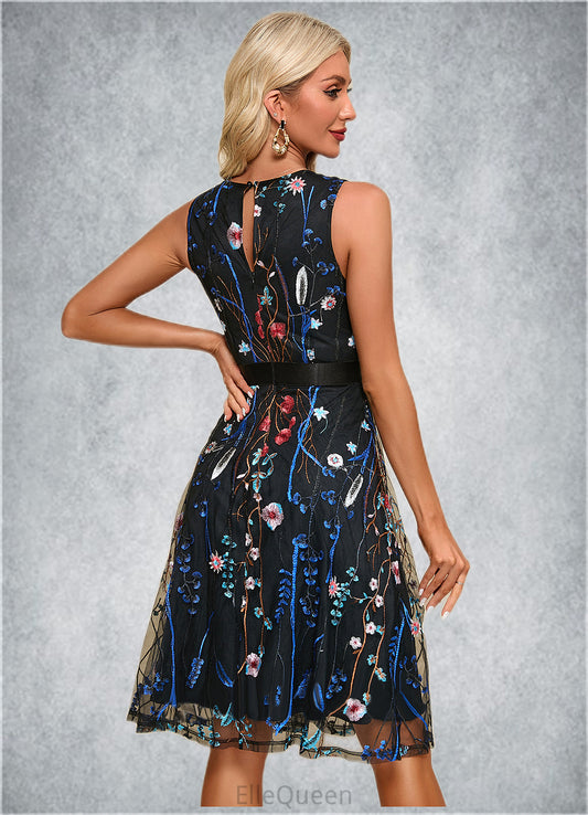 Kayley Flower Jacquard Scoop Elegant A-line Tulle Midi Dresses DGP0022247