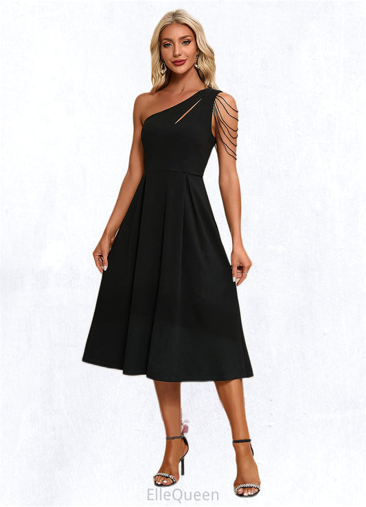 Elle Beading Fringe Trim One Shoulder Elegant A-line Polyester Midi Dresses DGP0022266