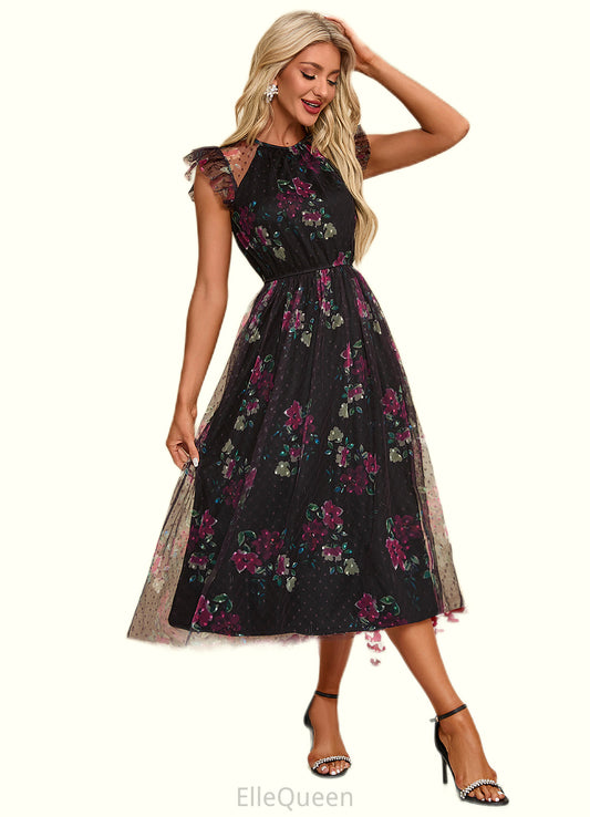 Norah Floral Print Scoop Elegant A-line Tulle Midi Dresses DGP0022277