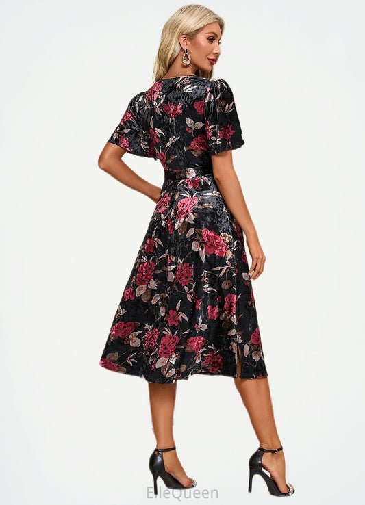 Yasmin Jacquard V-Neck Elegant A-line Velvet Midi Dresses DGP0022294