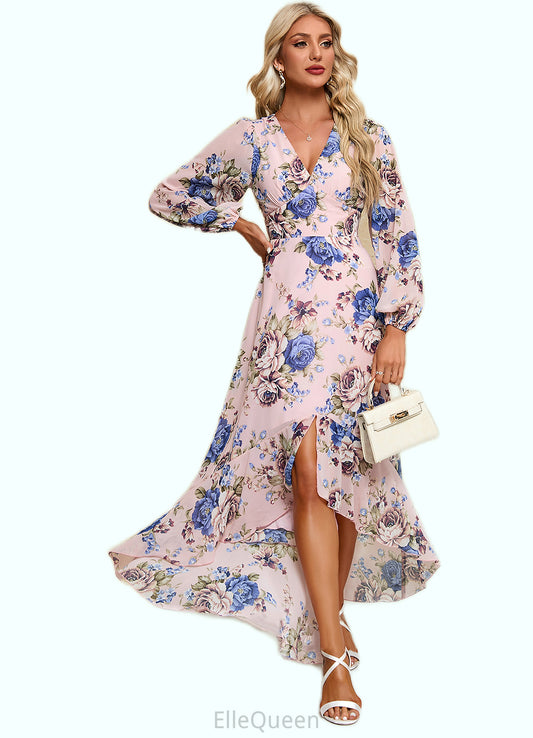 Jolie Ruffle Floral Print V-Neck Elegant A-line Chiffon Asymmetrical Dresses DGP0022327