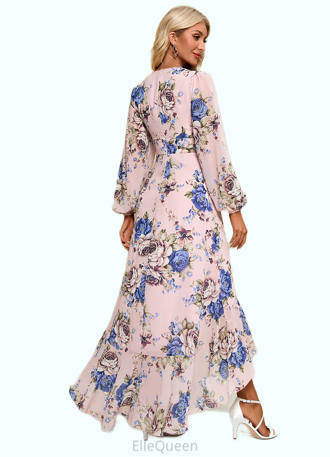 Jolie Ruffle Floral Print V-Neck Elegant A-line Chiffon Asymmetrical Dresses DGP0022327