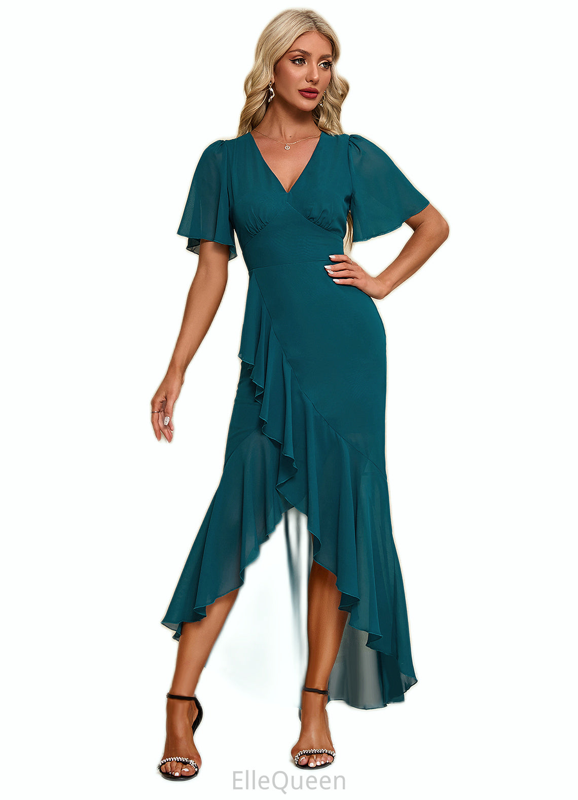 Aileen Ruffle V-Neck Elegant Trumpet/Mermaid Chiffon Asymmetrical Dresses DGP0022358
