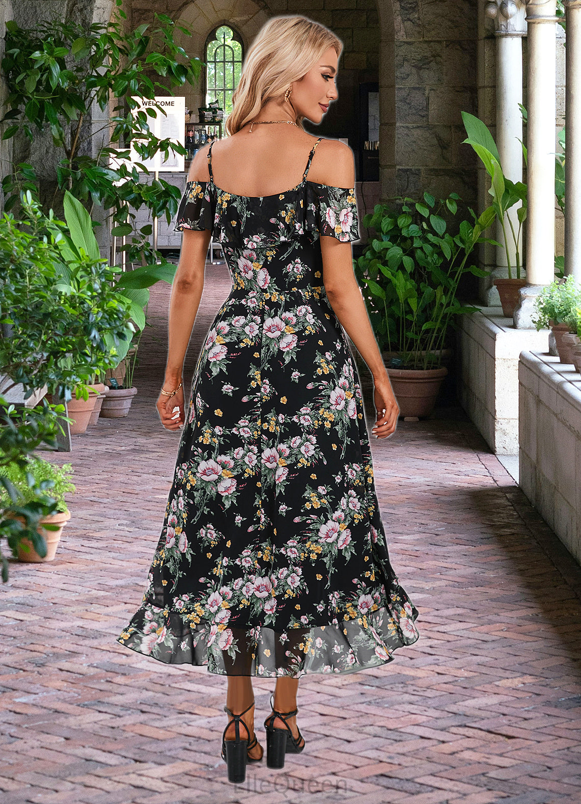 Renee Floral Print Cold Shoulder Elegant A-line Chiffon Asymmetrical Dresses DGP0022369