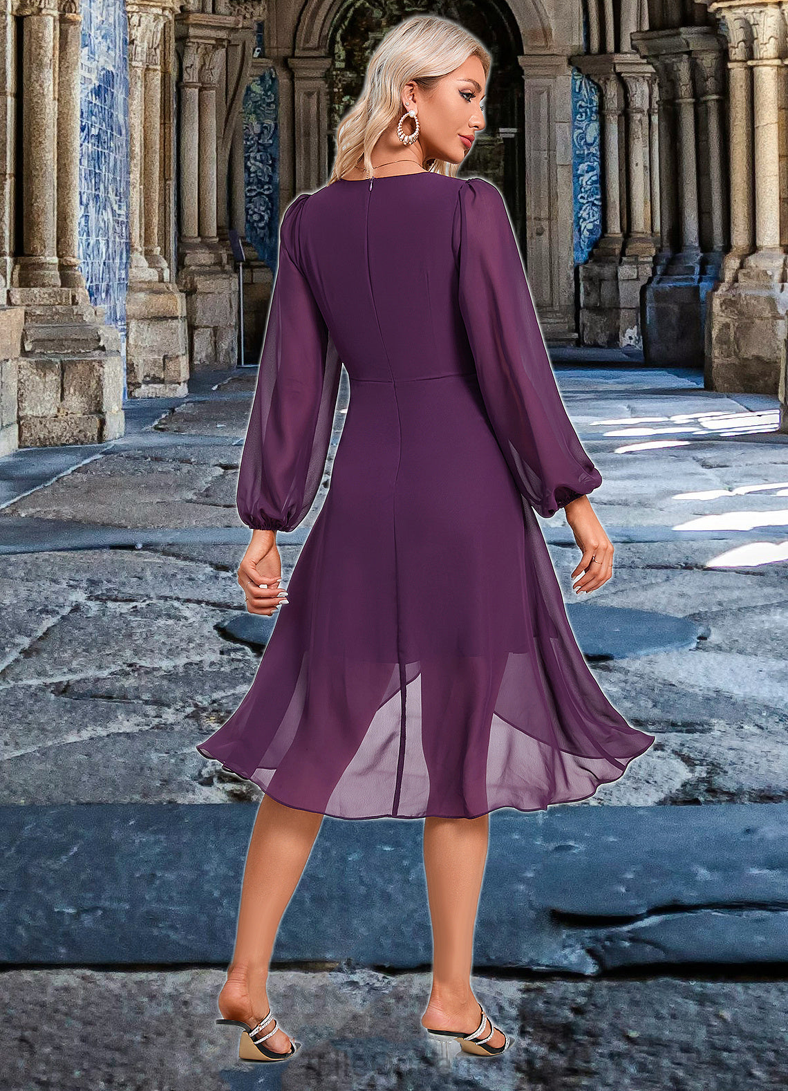 Nia Bow Ruffle V-Neck Elegant A-line Chiffon Asymmetrical Dresses DGP0022457