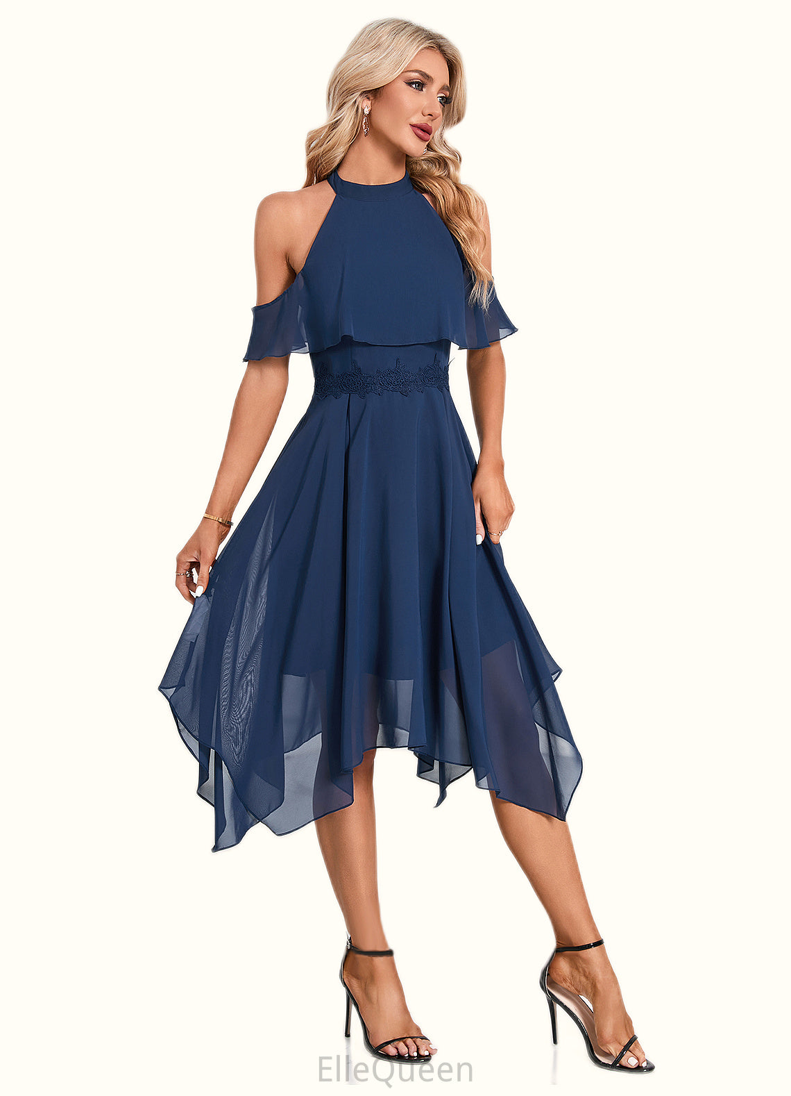 Alondra Appliques Lace Off the Shoulder Elegant A-line Chiffon Asymmetrical Dresses DGP0022489