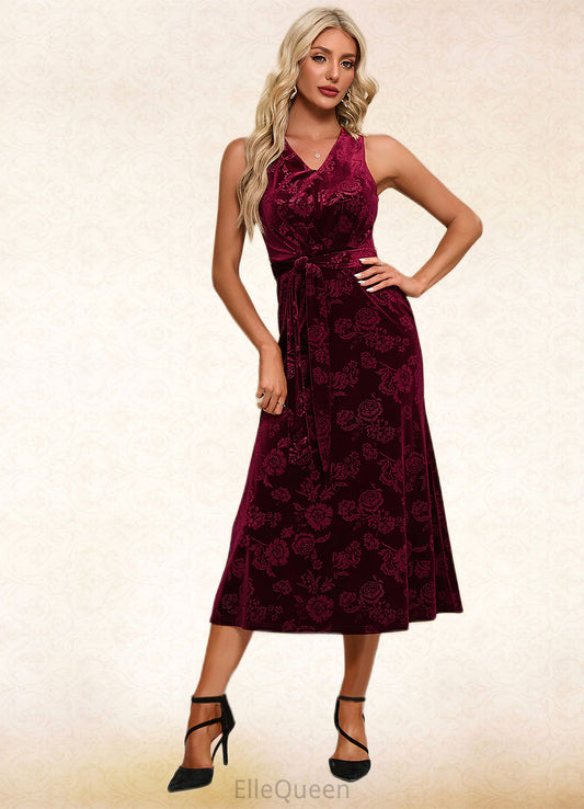 Emilia Flower V-Neck Elegant A-line Velvet Midi Dresses DGP0022504