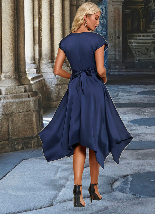 Muriel Bow V-Neck Elegant A-line Satin Asymmetrical Dresses DGP0022506
