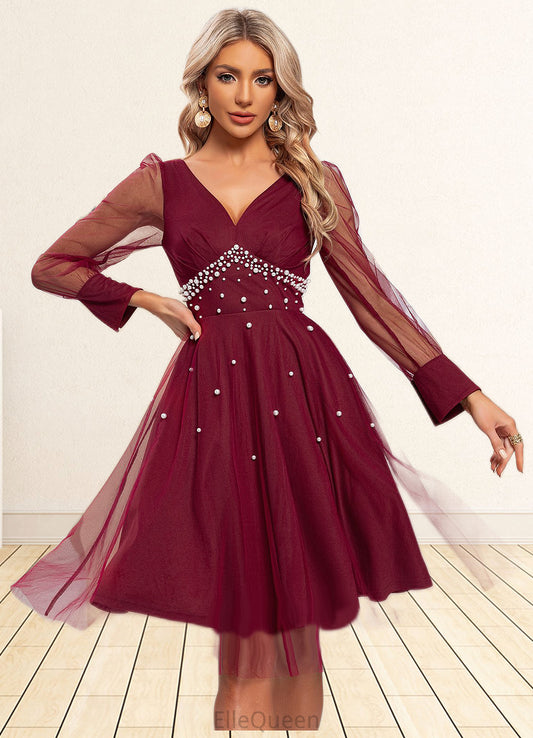 Stephanie Beading V-Neck Elegant A-line Tulle Midi Dresses DGP0022521