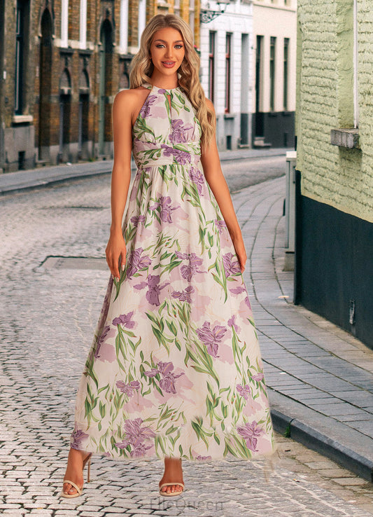 Erika A-line Halter Floor-Length Chiffon Bridesmaid Dress With Floral Print DGP0022565