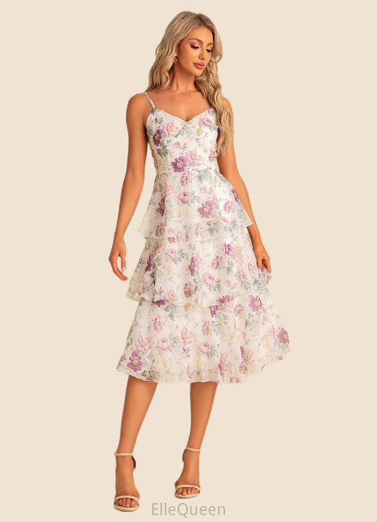 Miranda A-line V-Neck Tea-Length Chiffon Bridesmaid Dress With Cascading Ruffles Floral Print DGP0022567