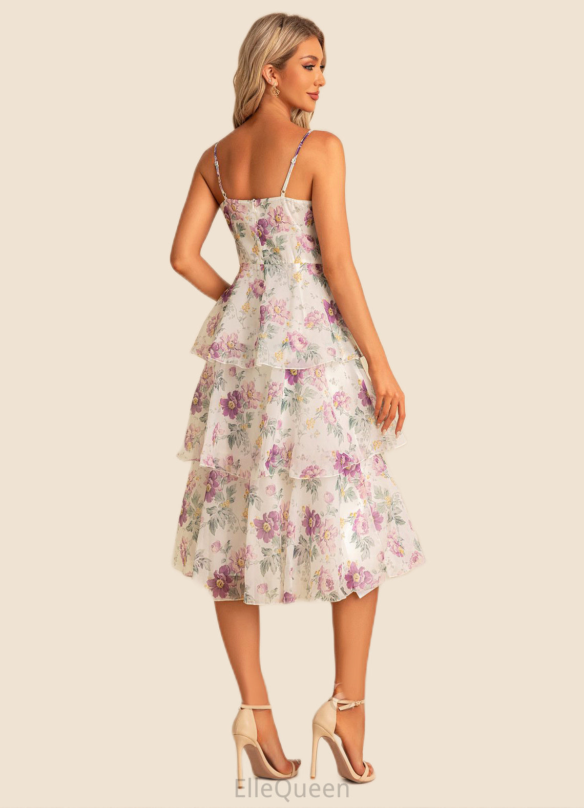 Miranda A-line V-Neck Tea-Length Chiffon Bridesmaid Dress With Cascading Ruffles Floral Print DGP0022567