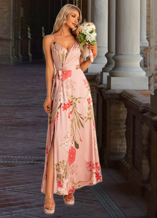 Salma A-line V-Neck Floor-Length Asymmetrical Satin Bridesmaid Dress With Floral Print DGP0022568