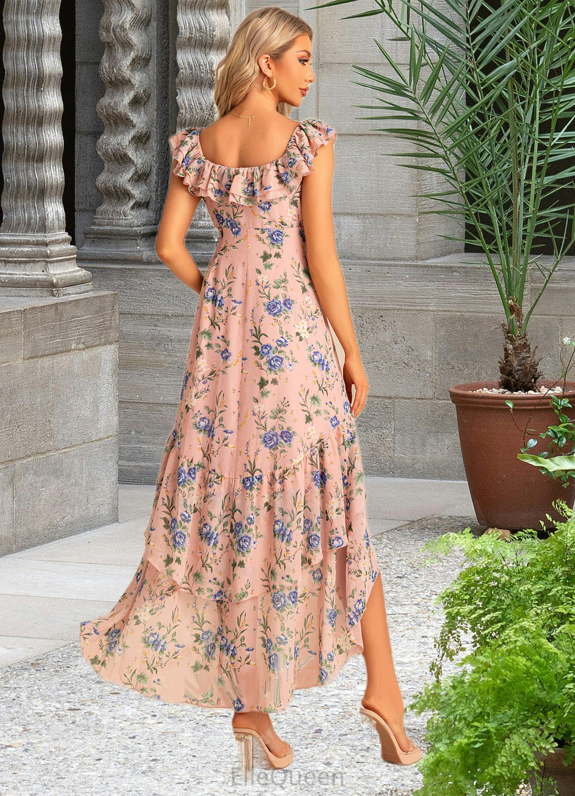 Helga Trumpet/Mermaid Scoop Straight Floor-Length Asymmetrical Chiffon Bridesmaid Dress With Ruffle Floral Print DGP0022569