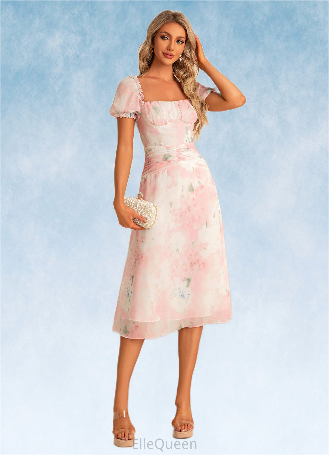 Mildred A-line Square Tea-Length Chiffon Bridesmaid Dress With Floral Print DGP0022570