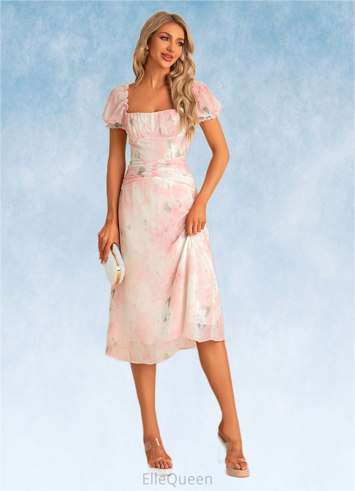 Mildred A-line Square Tea-Length Chiffon Bridesmaid Dress With Floral Print DGP0022570
