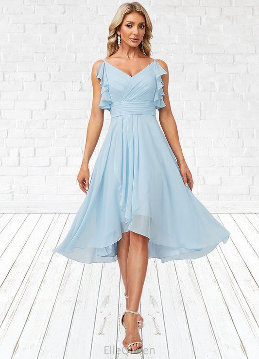 Karley A-line V-Neck Floor-Length Chiffon Bridesmaid Dress With Ruffle DGP0022573