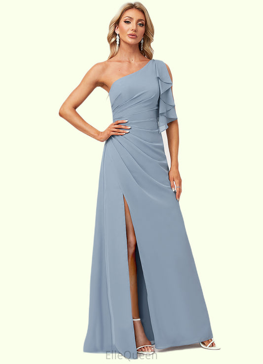 Lyric A-line One Shoulder Floor-Length Chiffon Bridesmaid Dress With Ruffle DGP0022576