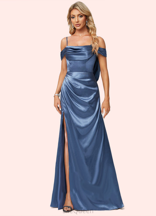 Avah A-line Cold Shoulder Floor-Length Stretch Satin Bridesmaid Dress With Ruffle DGP0022578