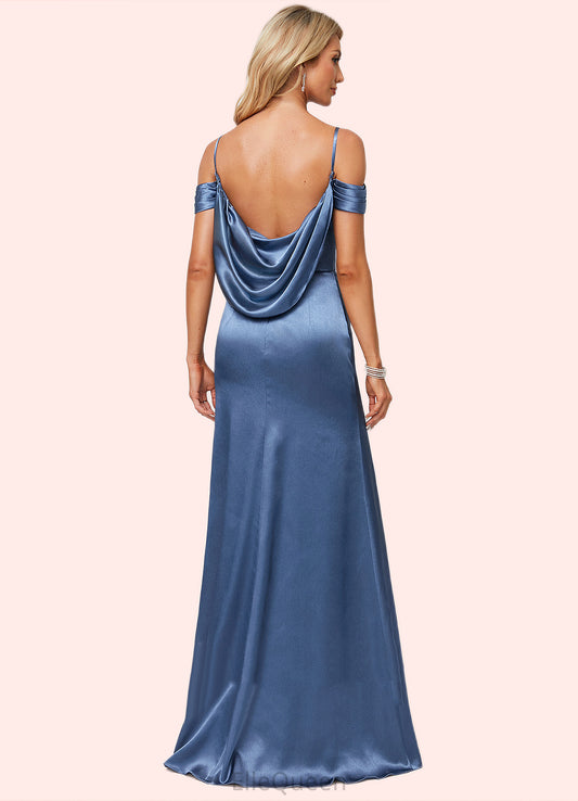 Avah A-line Cold Shoulder Floor-Length Stretch Satin Bridesmaid Dress With Ruffle DGP0022578