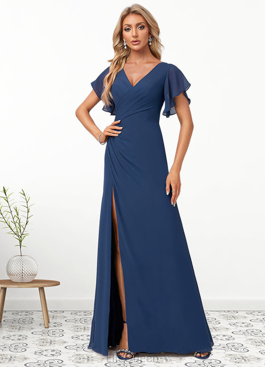 Alexandra A-line V-Neck Floor-Length Chiffon Bridesmaid Dress With Ruffle DGP0022582