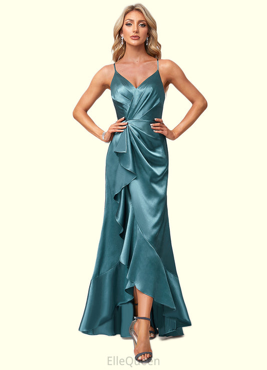 Peyton A-line V-Neck Asymmetrical Stretch Satin Bridesmaid Dress With Ruffle DGP0022584