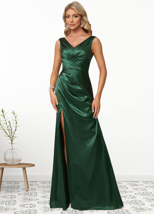 Rylee A-line V-Neck Floor-Length Stretch Satin Bridesmaid Dress DGP0022590