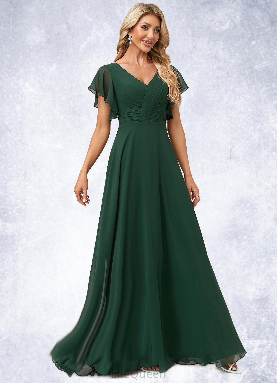 Carmen A-line V-Neck Floor-Length Chiffon Bridesmaid Dress With Ruffle DGP0022591