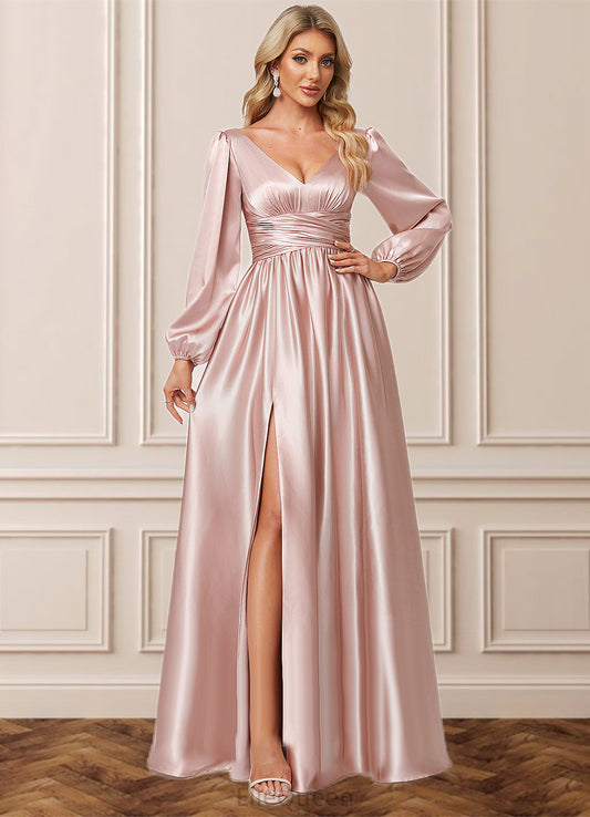 Mira A-line V-Neck Floor-Length Stretch Satin Bridesmaid Dress DGP0022597