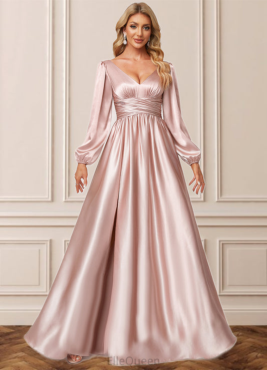 Mira A-line V-Neck Floor-Length Stretch Satin Bridesmaid Dress DGP0022597