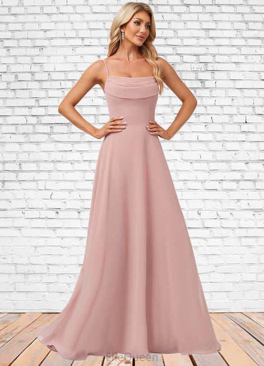 Pancy A-line Cold Shoulder Square Floor-Length Chiffon Bridesmaid Dress With Ruffle DGP0022598