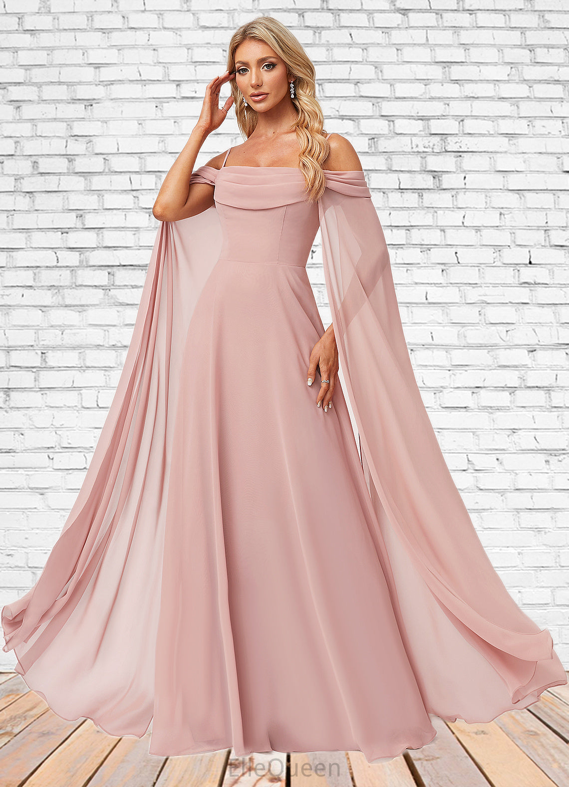 Pancy A-line Cold Shoulder Square Floor-Length Chiffon Bridesmaid Dress With Ruffle DGP0022598