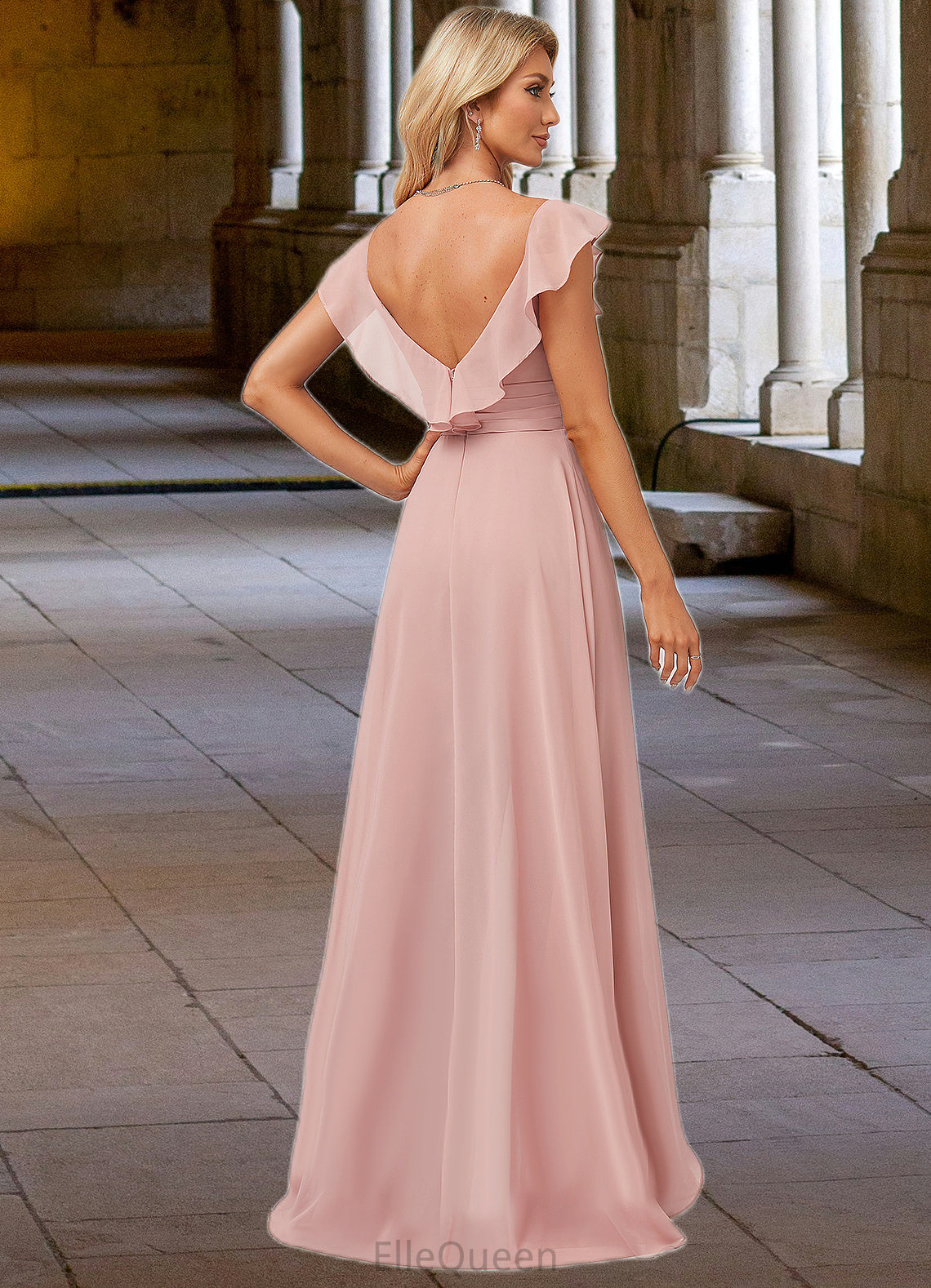 Paityn Jumpsuit/Pantsuit V-Neck Floor-Length Chiffon Bridesmaid Dress With Ruffle DGP0022600