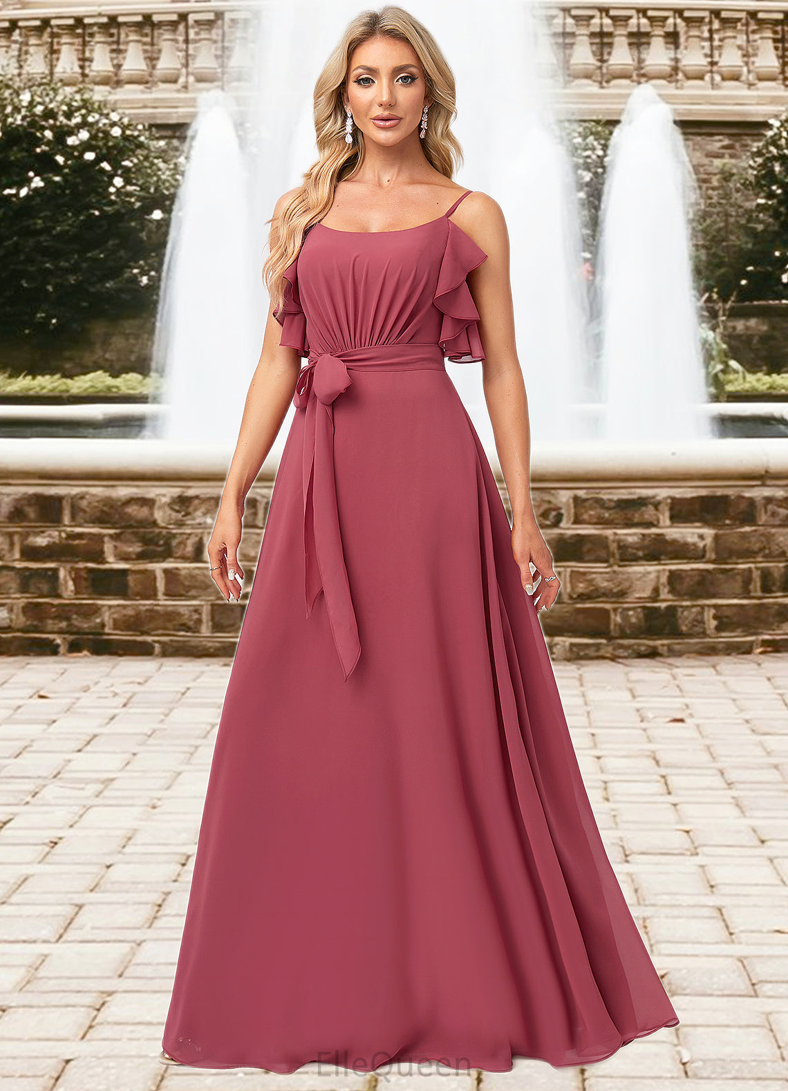 Theresa A-line V-Neck Floor-Length Chiffon Bridesmaid Dress With Ruffle DGP0022604
