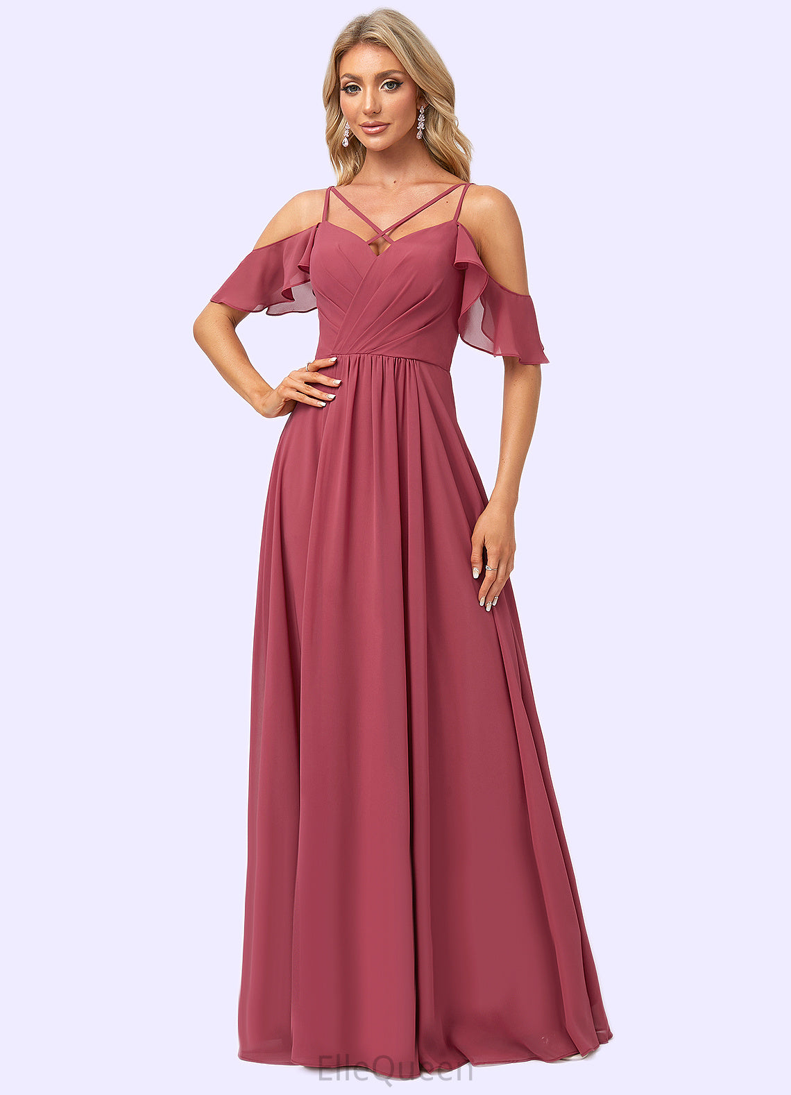 Marlene A-line Cold Shoulder Floor-Length Chiffon Bridesmaid Dress With Ruffle DGP0022605