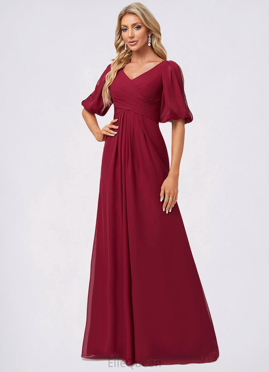 Clara A-line V-Neck Floor-Length Chiffon Bridesmaid Dress DGP0022608
