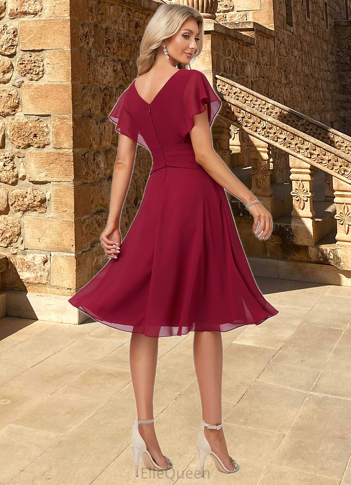 Christina A-line V-Neck Knee-Length Chiffon Bridesmaid Dress With Ruffle DGP0022609