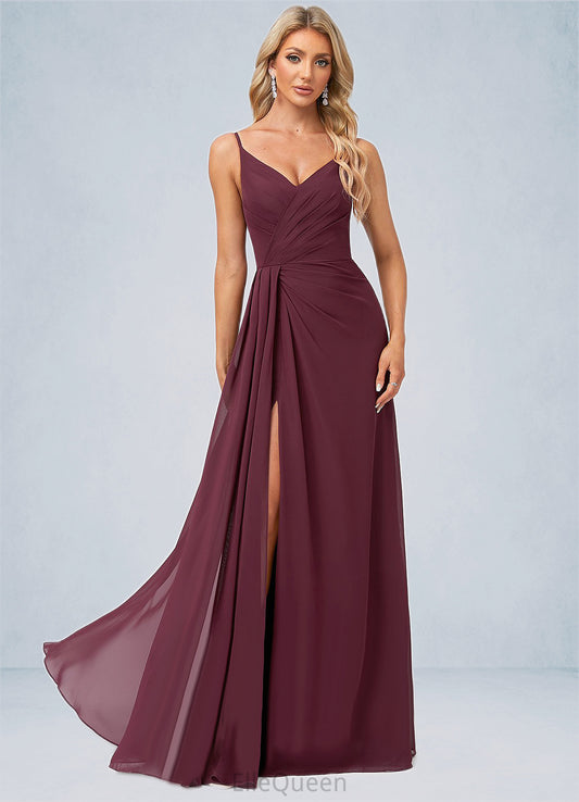 Tamia A-line V-Neck Floor-Length Chiffon Bridesmaid Dress With Ruffle DGP0022611