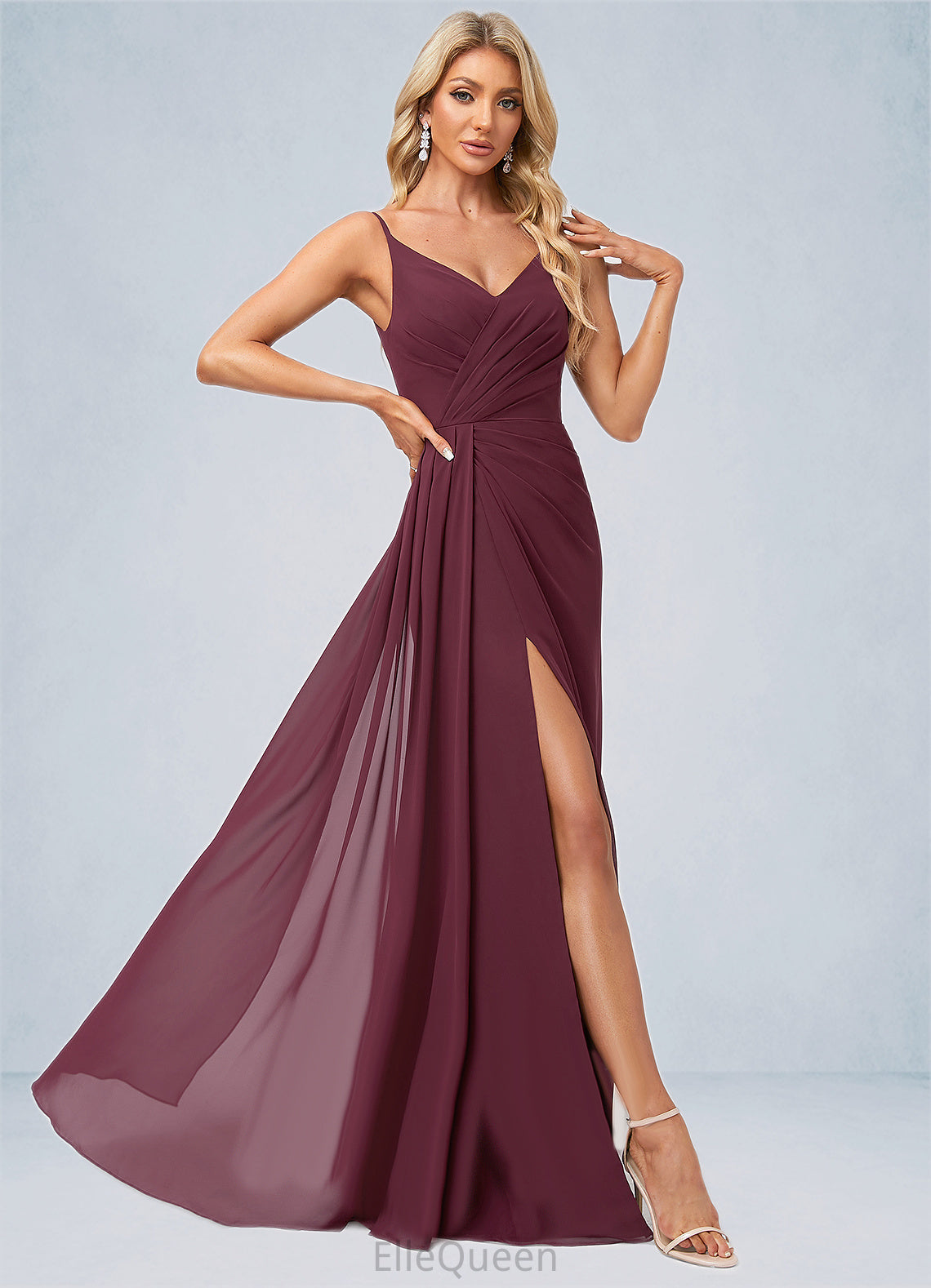 Tamia A-line V-Neck Floor-Length Chiffon Bridesmaid Dress With Ruffle DGP0022611