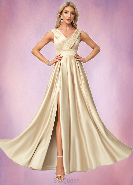 Jamya A-line V-Neck Floor-Length Satin Bridesmaid Dress DGP0022612